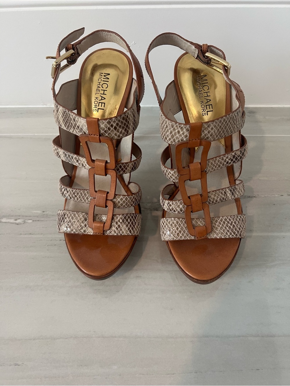 Michael Kors Tan & Brown Snake-Print Chain-Link Heeled Sandals